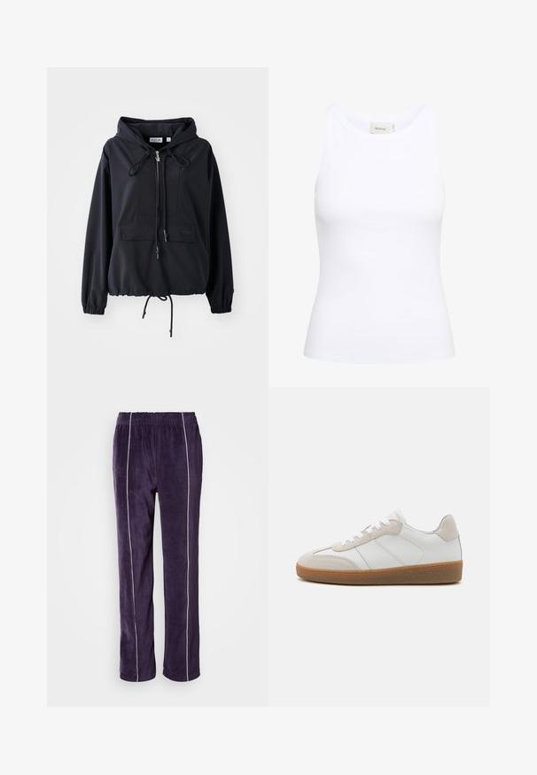 Schwarze leichte Kapuzenjacke mit einer vorderen Taschen, verstellbaren Kordeln an der Kapuze und am Saum sowie elastischen Bündchen. Mit Lacoste-Logo.; Weißes, geripptes Tanktop mit Rundhalsausschnitt und ohne Ärmel. Elastisches Material und figurbetontes Design. Das Etikett auf der Rückseite trägt die Aufschrift "GESTUZ."; Lacoste Jogginghose - dark blue; Weiße Leder-Sneaker mit beige Suede-Akzenten, strukturiertem Zungenbereich und Gummisohle. Verfügt über weiße Schnürsenkel und dezente eingestickte Details.