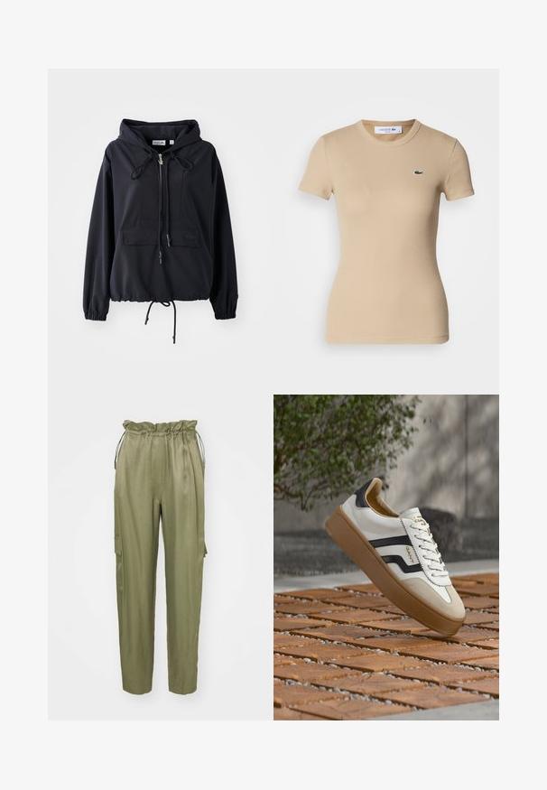 Sudadera ligera negra con un bolsillo frontal tipo canguro, cordones ajustables en la capucha y el dobladillo, y puños elásticos. Presenta el logo de Lacoste.; Camiseta de algodón de canalé beige, con mangas cortas, escote redondo, forma ajustada y un pequeño logo verde de Lacoste en el lado izquierdo del pecho.; Pantalones cargo verde oliva con cintura elástica ajustable y piernas taperadas, además de un bolsillo lateral de parche. Tela suave con un acabado mate.; Zapatilla blanca con detalles en negro y ante marrón claro, con suela de goma texturizada y diseño con cordones. Logo de la marca visible en el lateral.
