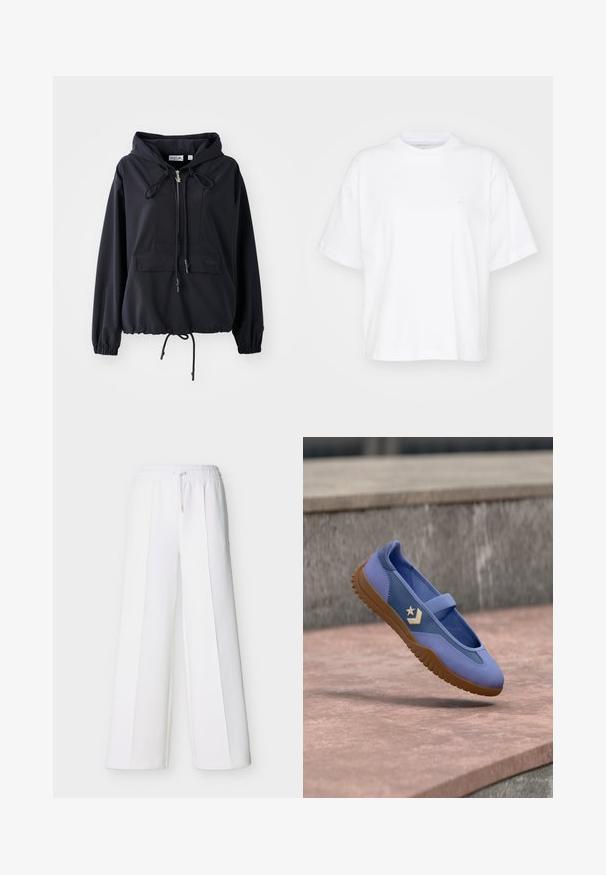 Čierna ľahká mikina s kapucňou, predným vreckom, nastaviteľnými šnúrkami na kapucni a leme a elastickými manžetami. Obsahuje branding Lacoste.; Biela bavlnená tričko s okrúhlym výstrihom, krátkymi rukávmi a voľným strihom. Obsahuje jemné logo na ľavej strane hrude. Hladká textúra.; Biele široké nohavice s elastickým pásom a šnúrkou. Vyrobené z mäkkej látky s vertikálnymi švami pre upravený vzhľad.; Modrá teniska Mary Jane s hnedou podrážkou, zlatou hviezdou a logom v tvare šípky, zobrazená vo vzduchu nad kamennou dlažbou.