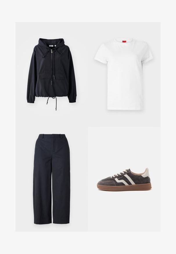 Sort letvægts hættejakke med en frontlomme, justerbare snore i hætten og forneden, samt elastiske ærmer. Har Lacoste branding.; Hvid kortærmet t-shirt lavet af letvægts bomuld. Har en rund halsudskæring og rullede ærmer. Rød logoetiket på kraven.; Marineblå vide bukser med en glat overflade, flad front og taljebånd. Fremstillet af letvægtsstof, der tilbyder en afslappet pasform.; Enkel mørkegrå sneaker med hvide læderdetaljer, teksturerede sider, hvide snørebånd og en brun gummisål, vist fra siden på en ensfarvet baggrund.