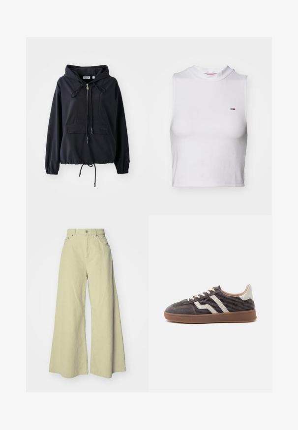 Schwarze leichte Kapuzenjacke mit einer vorderen Taschen, verstellbaren Kordeln an der Kapuze und am Saum sowie elastischen Bündchen. Mit Lacoste-Logo.; Weißes, kurzes Tanktop mit hohem Kragen, aus weicher Baumwolle, mit einem kleinen, klassischen Logo auf der linken Brust. Minimalistisches Design.; Weite corduroy-Hosen in Hellgrün, mit hoher Taille, zwei Fronttaschen, lockerer Passform und vertikaler Rippstruktur.; Einzelner dunkelgrauer Sneaker mit weißen Lederakzenten, strukturierten Seiten, weißen Schnürsenkeln und brauner Gummisohle, im Profil auf schlichtem Hintergrund dargestellt.