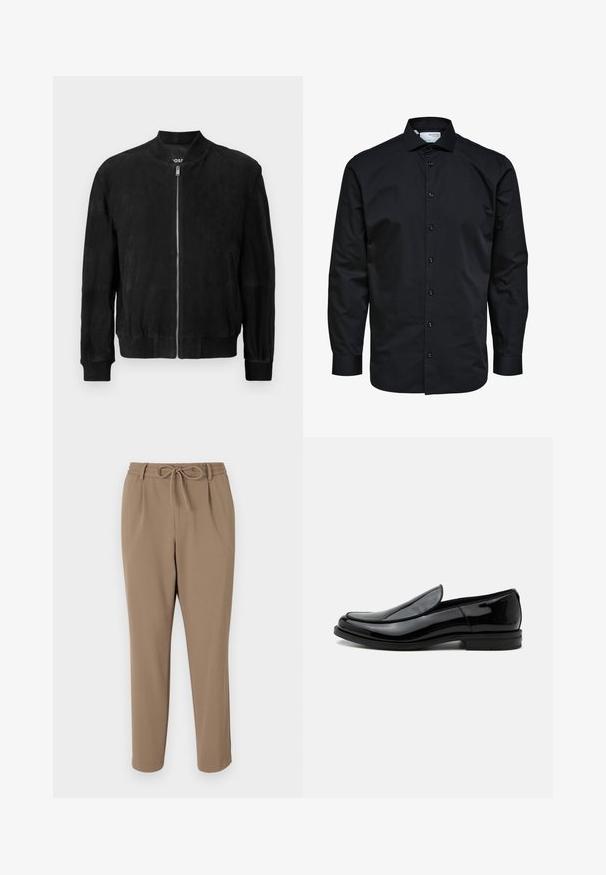 Veste bomber en daim noir avec une fermeture éclair à l'avant, col et poignets côtelés, deux poches latérales et une texture lisse. Design simple et minimaliste.; Chemise noire pour homme à manches longues avec boutonnage sur le devant et col classique, en tissu lisse.; Pantalons beiges fuselés avec une taille à cordon de serrage, des poches latérales et une texture lisse. Aucun motif visible ni accent supplémentaire.; Chaussure de ville noire en cuir brillant à enfiler, avec talon bas et bout arrondi, vue de côté sur fond blanc uni.
