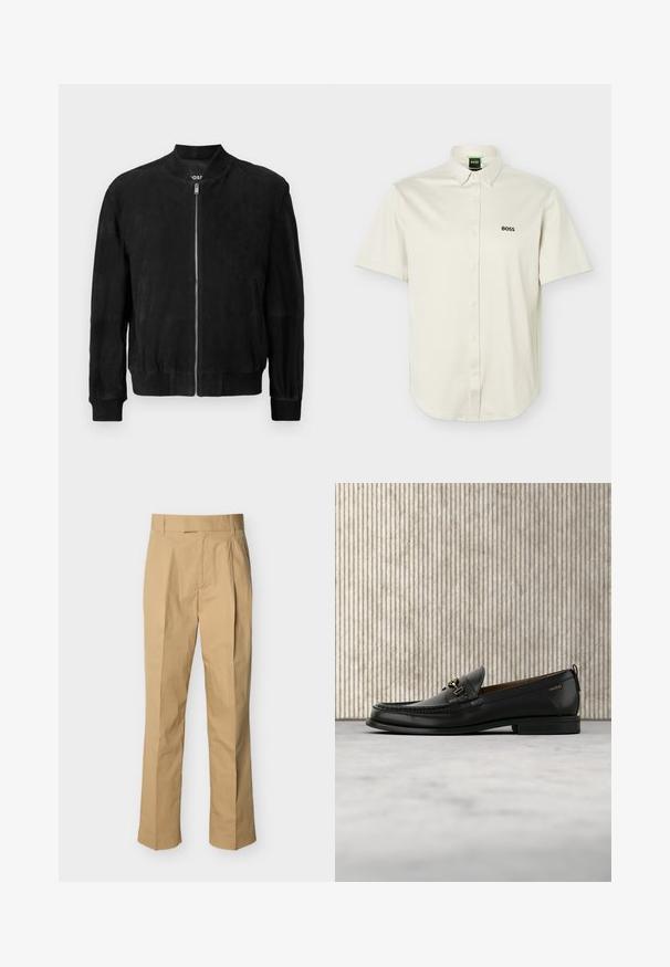 Chaqueta bomber de ante negra con cremallera en la parte delantera, cuello y puños acanalados, dos bolsillos laterales y una textura suave. Diseño simple y minimalista.; Camisa blanca de manga corta con botones, cuello abotonado, logo negro "BOSS" en el pecho y etiqueta interior del cuello verde.; Pantalones beige hechos de algodón suave con cintura alta, con pliegues en la parte delantera y piernas rectas. Sin herrajes visibles ni patrones.; Mocasín de cuero negro con pieza metálica dorada y logotipo "HUGO", exhibido sobre una alfombra beige y muebles translúcidos marrones.