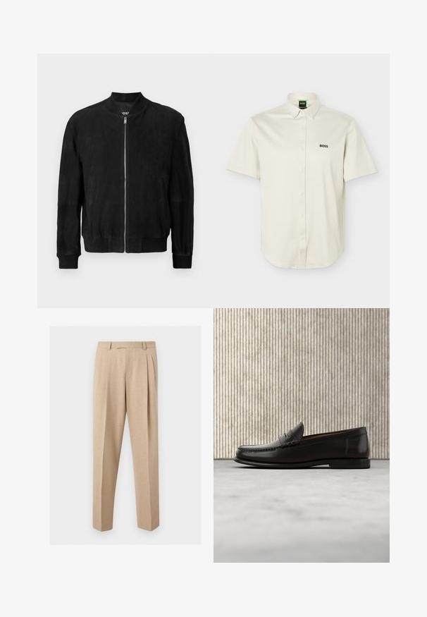Veste bomber en daim noir avec une fermeture éclair à l'avant, col et poignets côtelés, deux poches latérales et une texture lisse. Design simple et minimaliste.; Chemise blanche à manches courtes avec boutons-pression, col boutonné, logo "BOSS" noir sur la poitrine, et étiquette verte à l'intérieur du col.; Pantalon beige sur mesure avec plis sur le devant, passants de ceinture et jambes droites, présenté sur un fond clair et uni.; Mocassin penny en cuir noir avec talon bas, bout arrondi et détails cousus à l'avant et sur les côtés, présenté sur un fond neutre.