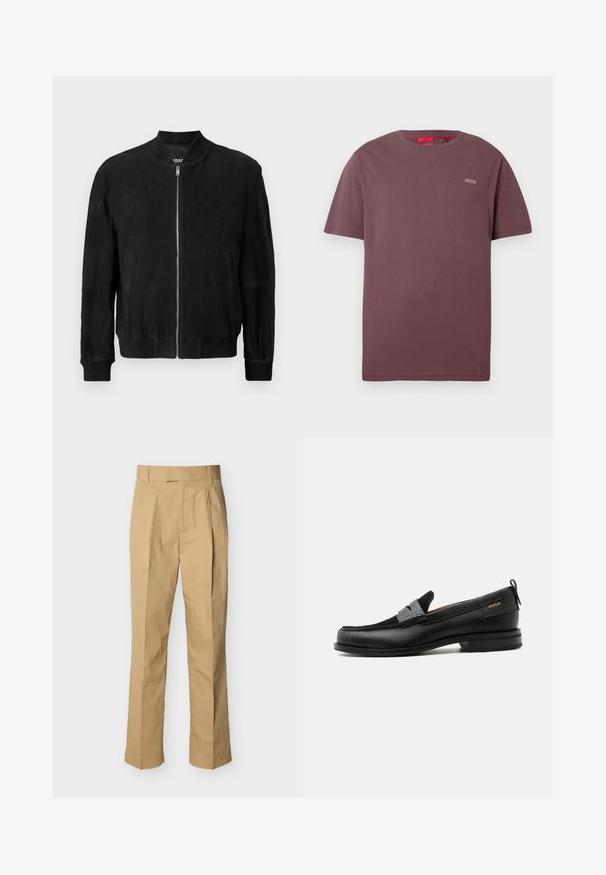 Chaqueta bomber de ante negra con cremallera en la parte delantera, cuello y puños acanalados, dos bolsillos laterales y una textura suave. Diseño simple y minimalista.; Camiseta de manga corta color burdeos con pequeño logo "HUGO" en el pecho izquierdo y etiqueta interior del cuello en rojo.; Pantalones beige hechos de algodón suave con cintura alta, con pliegues en la parte delantera y piernas rectas. Sin herrajes visibles ni patrones.; Mocasín de cuero negro con detalle de tira gris, tacón bajo y suela texturizada, con la marca "HUGO" en oro en el lateral.