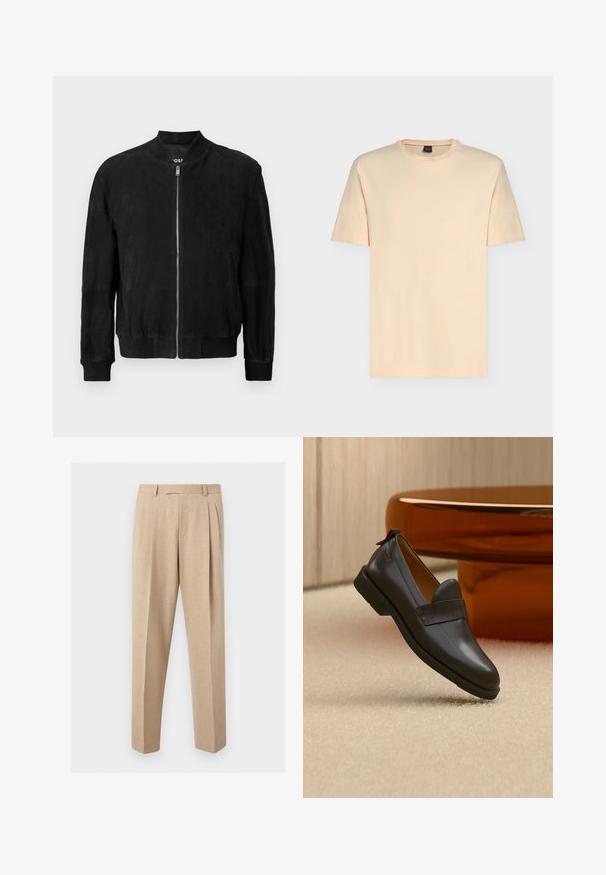 Sort ruskinds bomberjakke med lynlås foran, ribbet krave og manchetter, to sidelommer og en glat tekstur. Enkel og minimalistisk design.; Lysebeige T-shirt med korte ærmer, rund halsudskæring og et diskret "BOSS"-logo centreret på brystet.; Beige skræddersyede bukser med frontplisser, bæltestropper og lige ben, vist mod en ensartet lys baggrund.; Sort læderloafer med lav hæl svævende over beige tæppe ved siden af et blankt ravfarvet bord i et minimalistisk rum.