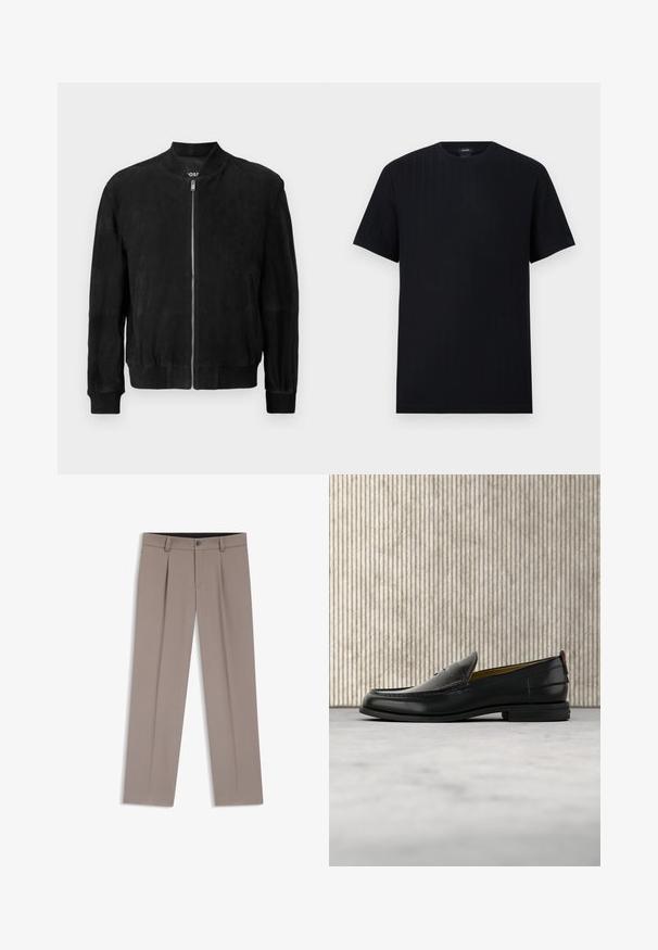 Sort ruskinds bomberjakke med lynlås foran, ribbet krave og manchetter, to sidelommer og en glat tekstur. Enkel og minimalistisk design.; Sort T-shirt med korte ærmer og rund hals med subtil, lodret ribbet struktur på en flad, lysegrå baggrund.; Lysebrune herrebukser med bæltestropper, plisseringer, knaplukning foran og lynlås, lagt fladt på en hvid baggrund.; Sort læder herreloafer med krokodillepræget forstykke og lav hæl, vist i profil på en neutral baggrund.