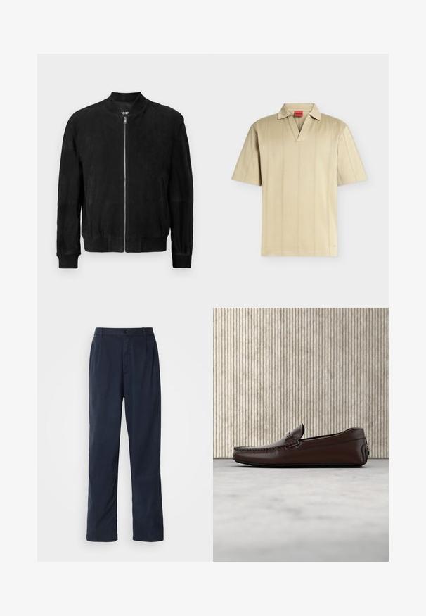 Schwarze Wildleder-Bomberjacke mit einem Reißverschluss vorne, geripptem Kragen und Bündchen, zwei seitlichen Taschen und einer glatten Textur. Einfaches und minimalistisches Design.; Beige Poloshirt mit kurzen Ärmeln, V-Ausschnitt, weichem Kragen, feinen vertikalen Nähten und einem roten Innenetikett mit der Aufschrift „HUGO“.; Marineblaue Hose aus Baumwollmischung. Verfügt über einen geraden Schnitt, einen vorderen Knopfverschluss und dezente Falten. Glatte Textur.; Braune Leder-Loafer mit glatter Oberfläche, Mokassinstich, erhöhtem Zehenbereich und einer flexiblen Gummisohle in niedriger Höhe.