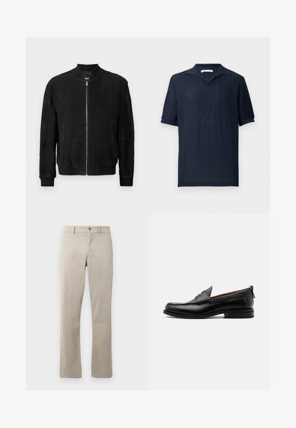 Sort ruskinds bomberjakke med lynlås foran, ribbet krave og manchetter, to sidelommer og en glat tekstur. Enkel og minimalistisk design.; Samsøe Samsøe SATRAVIS POLO - Poloshirts - salute; Beige bomuldschinos med lige ben-design, der har en knaplukning og for-bleger. Glat tekstur med diskrete syninger.; Sort læder herre loafer med moc-tå syning, penny strop, struktureret krave og lav stablet hæl på hvid baggrund.