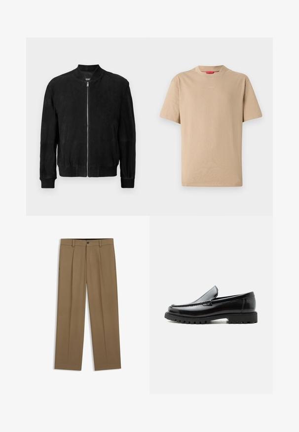 Chaqueta bomber de ante negra con cremallera en la parte delantera, cuello y puños acanalados, dos bolsillos laterales y una textura suave. Diseño simple y minimalista.; Camiseta de algodón beige con mangas cortas, escote redondo y sutil logo "HUGO" en el centro. Textura suave, corte relajado.; Pantalones marrones de pierna recta con presillas para cinturón, botón en el frente y cierre de cremallera, mostrados planos sobre un fondo blanco.; Mocasín de cuero negro con suela de goma gruesa, empeine cosido y nombre de la marca en relieve en el talón, mostrado en perfil lateral sobre fondo blanco.