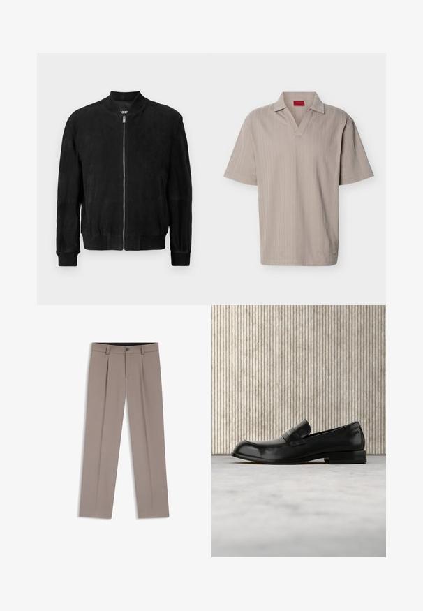 Zwarte suède bomberjack met een ritssluiting aan de voorkant, ribgebreide kraag en manchetten, twee zijzakken en een soepele textuur. Eenvoudig en minimalistisch ontwerp.; Beige gebreid poloshirt met korte mouwen, voorzien van een geribbelde verticale streepstructuur en een open V-hals kraag.; Lichtbruine, op maat gemaakte herensbroek met ceintuurlussen, plooien, knopen aan de voorkant en ritssluiting, plat gelegd op een witte achtergrond.; Zwarte leren loafer met metalen accent, zwevend weergegeven boven een beige tapijt, met een ronde, amberkleurige tafel op de achtergrond.