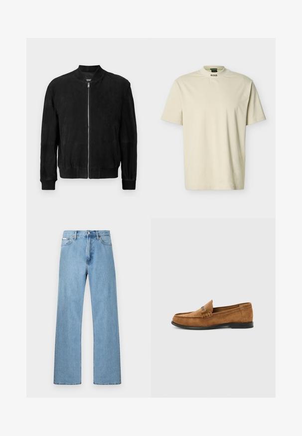 Chaqueta bomber de ante negra con cremallera en la parte delantera, cuello y puños acanalados, dos bolsillos laterales y una textura suave. Diseño simple y minimalista.; Camiseta de manga corta beige con cuello alto y redondo y texto "BOSS" impreso en la parte delantera del cuello.; Vaqueros de mezclilla azul claro de pierna recta con diseño de cinco bolsillos y cierre de botón en la cintura, exhibidos sobre un fondo simple.; Mocasín de ante marrón para hombre con detalle trenzado en el empeine y suela negra, visto de lado sobre un fondo liso gris claro.