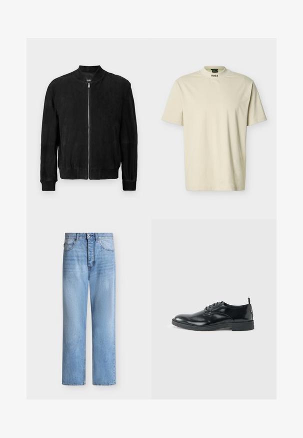 Veste bomber en daim noir avec une fermeture éclair à l'avant, col et poignets côtelés, deux poches latérales et une texture lisse. Design simple et minimaliste.; T-shirt beige à manches courtes avec col rond haut et texte "BOSS" imprimé sur le devant du col.; Jean droit en denim bleu clair avec fermeture par bouton et zip, poches avant et arrière, et passants de ceinture à la taille.; Chaussure habillée en cuir noir brillant avec un petit talon, fermeture à lacets et bout rond, vue de côté sur un fond uni et clair.