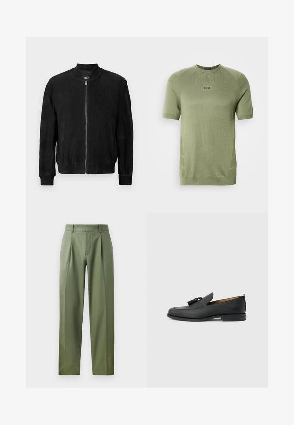 Veste bomber en daim noir avec une fermeture éclair à l'avant, col et poignets côtelés, deux poches latérales et une texture lisse. Design simple et minimaliste.; Chemise en maille vert olive à manches courtes avec col ras du cou et logo "BOSS" centré sur la poitrine.; Pantalons sur mesure en tissu vert olive avec une texture lisse, présentant deux plis avant, des passants de ceinture et une coupe droite.; Mocassin pour homme en cuir noir avec pompons, bout arrondi, petit talon et languette à l'arrière, présenté de profil sur un fond gris clair.