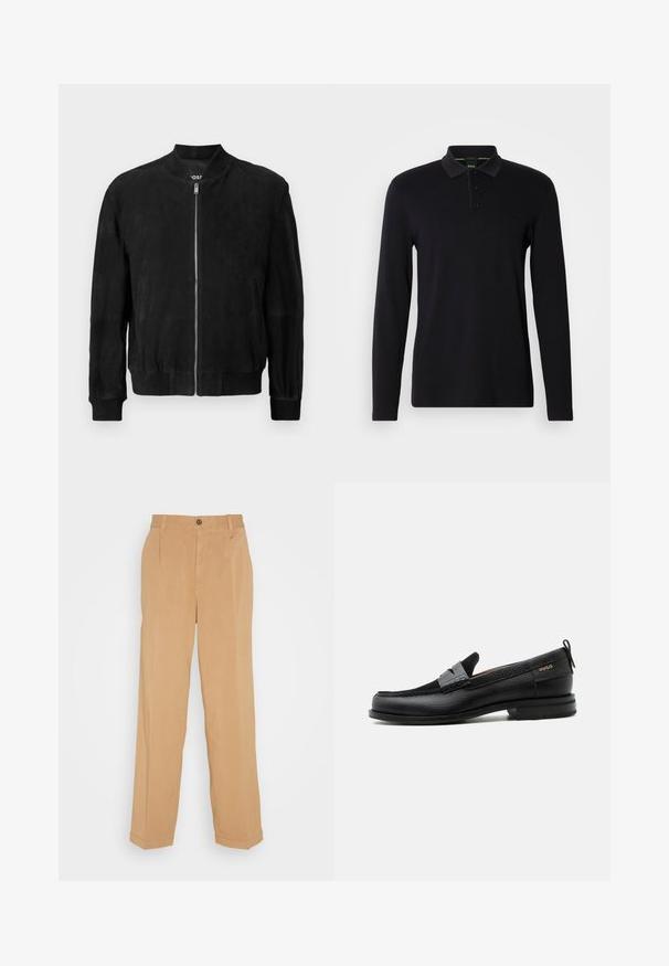Chaqueta bomber de ante negra con cremallera en la parte delantera, cuello y puños acanalados, dos bolsillos laterales y una textura suave. Diseño simple y minimalista.; Polo negro de manga larga hecho de tela suave. Cuenta con un cuello, una tapeta con tres botones y un sutil logo en el pecho.; Pantalones de pierna ancha en beige, fabricados con tejido suave, que cuentan con dos bolsillos frontales, un cierre de botón y detalles de pliegues a lo largo de las piernas.; Mocasín de cuero negro con detalle de tira gris, tacón bajo y suela texturizada, con la marca "HUGO" en oro en el lateral.