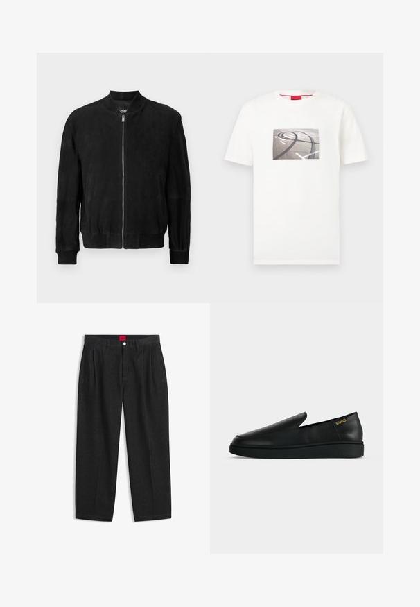 Zwarte suède bomberjack met een ritssluiting aan de voorkant, ribgebreide kraag en manchetten, twee zijzakken en een soepele textuur. Eenvoudig en minimalistisch ontwerp.; Witte T-shirt met korte mouwen en een centrale opdruk van zwarte bandensporen op asfalt met witte wegbelijningen.; Zwarte hoge taille broek met plooien aan de voorkant, ceintuurlussen, een knoop- en ritsluiting, en een rood label aan de binnenkant van de tailleband.; Enkele zwarte leren instapschoen met dikke zool en goudkleurige "HUGO"-branding nabij de hiel op een effen lichtgrijze achtergrond.