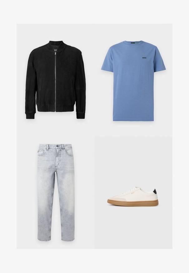 Zwarte suède bomberjack met een ritssluiting aan de voorkant, ribgebreide kraag en manchetten, twee zijzakken en een soepele textuur. Eenvoudig en minimalistisch ontwerp.; Blauw katoenen T-shirt met korte mouwen, ronde hals en klein zwart "BOSS"-logo op de linkerborst.; Lichtgrijze stonewashed spijkerbroek met knoop- en ritssluiting, voor- en achterzakken, rechte pijpen.; Witte sneakers met beige accenten, bovenwerk van glad leer, ronde neus en rubberen gumzool, met een zwarte hieltab en subtiele branding.