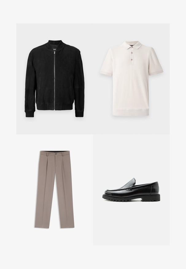 Sort ruskinds bomberjakke med lynlås foran, ribbet krave og manchetter, to sidelommer og en glat tekstur. Enkel og minimalistisk design.; Kortærmet polo-shirt i lys beige, tekstureret materiale med krave og tre knaplukninger; ribbede detaljer ved ærmer og kant.; Lysebrune herrebukser med bæltestropper, plisseringer, knaplukning foran og lynlås, lagt fladt på en hvid baggrund.; Sort læderloafer med chunky gummisål, syet overdel og præget mærkenavn på hælen, vist i sideprofil på hvid baggrund.