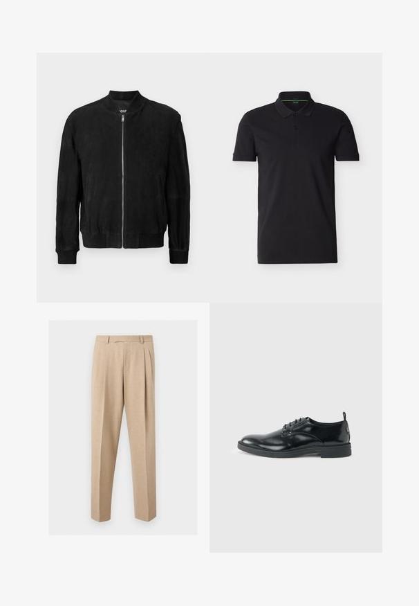 Chaqueta bomber de ante negra con cremallera en la parte delantera, cuello y puños acanalados, dos bolsillos laterales y una textura suave. Diseño simple y minimalista.; Polo negro de manga corta con cuello y tapeta de dos botones, con un sutil logo BOSS en el pecho y ribete interior verde en el cuello.; Pantalones beige a medida con pinzas delanteras, trabillas para el cinturón y perneras rectas, mostrados sobre un fondo claro y liso.; Zapato de vestir negro de cuero brillante con tacón bajo, cierre de cordones y puntera redonda, mostrado de lado sobre un fondo claro y liso.