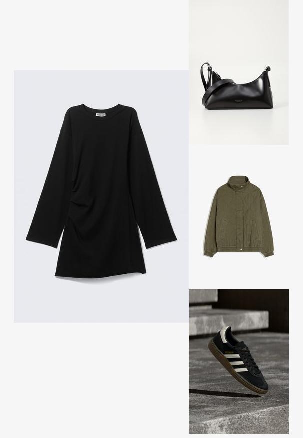 Veste matelassée vert olive avec col montant, fermeture à boutons-pression, deux poches avant, et poignets et ourlet élastiques.; T-shirt noir à manches longues avec col rond, coupe décontractée et légère fronce sur un côté, présenté à plat sur fond gris clair.; Baskets Adidas noires avec des bandes blanches et une semelle en gomme flottant au-dessus d'escaliers en béton gris sous une lumière naturelle.; Sac à main en cuir noir avec une texture lisse. Dispose d'une bandoulière adjustable et d'un design élégant et minimaliste avec une fermeture éclair.