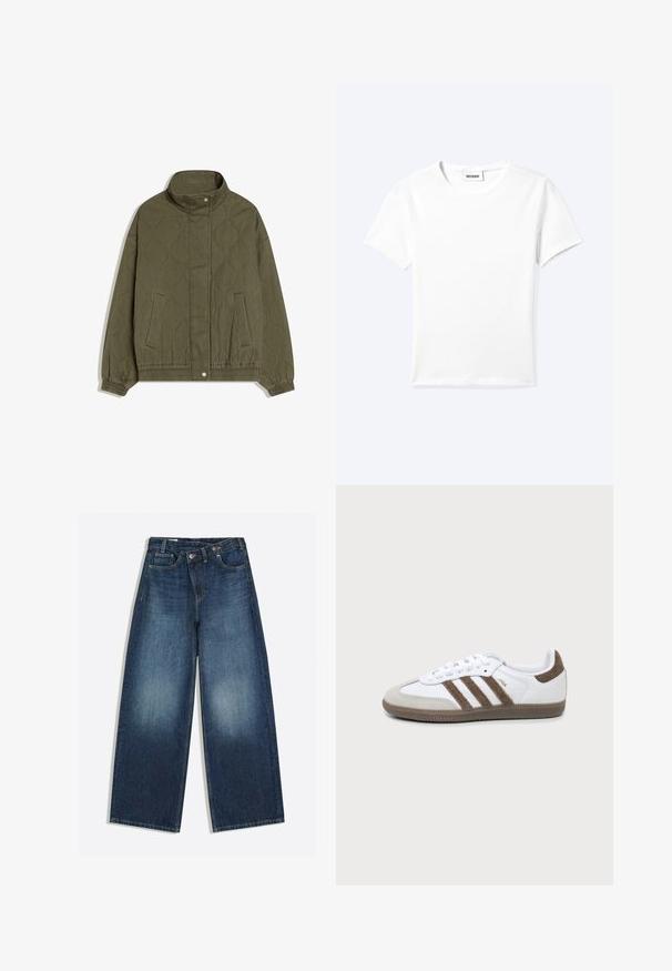 Veste matelassée vert olive avec col montant, fermeture à boutons-pression, deux poches avant, et poignets et ourlet élastiques.; T-shirt blanc uni à manches courtes et col rond avec une petite étiquette "WEEKDAY" à l'intérieur de l'encolure, présenté à plat sur un fond clair.; Jean en denim bleu à jambes larges, taille haute, poches avant, passants de ceinture et décoloration au niveau des cuisses et des genoux.; Basket Adidas Samba blanche et marron avec trois bandes marron, lacets et semelle texturée, vue de côté sur fond uni.