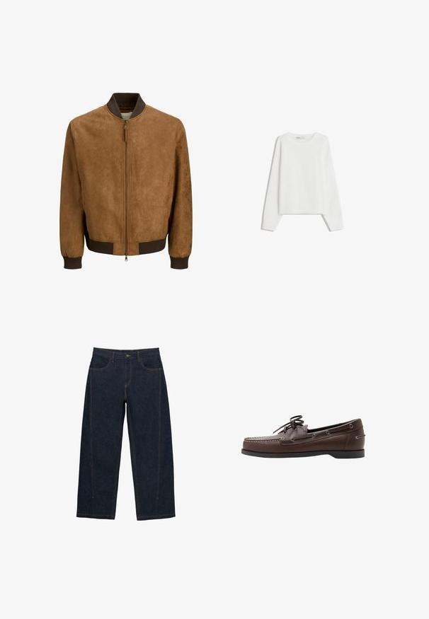 Blouson aviateur en daim marron avec col, poignets et ourlet côtelés foncés, doté d'une fermeture éclair centrale avec tirette.; Pull en tricot blanc avec des manches longues, un col rond, des poignets et un ourlet côtelés. Texture douce, coupe ample, sans motifs ni accents visibles.; Jean large en denim bleu foncé avec surpiqûres orange contrastantes, cinq poches, une fermeture par bouton et une taille mi-haute.; Chaussure bateau en cuir marron avec couture moc toe, laçage à l'avant et semelle basse en caoutchouc noir, vue de côté sur fond blanc.
