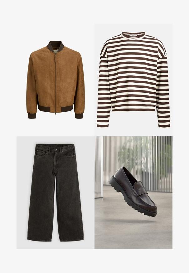 Blouson aviateur en daim marron avec col, poignets et ourlet côtelés foncés, doté d'une fermeture éclair centrale avec tirette.; Haut à manches longues rayé marron et crème avec un col rond, texture côtelée et coutures d'épaule abaissées, présentant une coupe cropped.; Jean en denim noir à jambes larges avec bouton et fermeture éclair à l'avant, passants de ceinture, et cinq poches, étalé à plat sur un fond blanc.; Chaussure à enfiler en cuir marron avec un bout rond et une semelle en caoutchouc noire robuste. Présente une bride décorative traversant le coup de pied.
