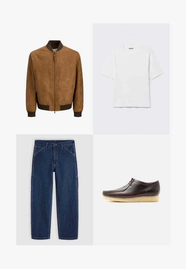 Blouson aviateur en daim marron avec col, poignets et ourlet côtelés foncés, doté d'une fermeture éclair centrale avec tirette.; T-shirt blanc uni à manches courtes et col rond, avec une petite étiquette "WEEKDAY" à l'intérieur du col arrière, présenté à plat.; Jean denim bleu foncé à coupe droite, fermeture avant par bouton et zip, poches avant en biais et coutures blanches apparentes.; Chaussure à lacets en cuir marron foncé avec semelle en crêpe claire, design moc toe cousu, présentée en profil latéral sur fond blanc.