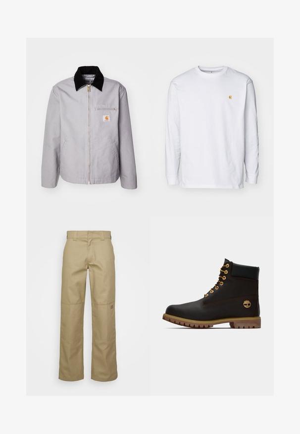 Lichtgrijze jas gemaakt van duurzaam materiaal, met een zwarte corduroy kraag, ritssluiting, voorzak en logo-opdruk op de borst.; Witte lange mouwen t-shirt van katoen. Voorzien van een klein gouden logo op de borst en een ronde hals. Eenvoudig ontwerp en standaard pasvorm.; Beige wijde broek gemaakt van een katoenmix. Kenmerkt zich door versterkte kniezakken en een klein logo-opdruk op de bovenbeen.; Zwarte leren enkellaars met gouden oogjes, bruine accenten en een rubberen zool. Heeft een gevoerde kraag en geperst logo aan de zijkant.