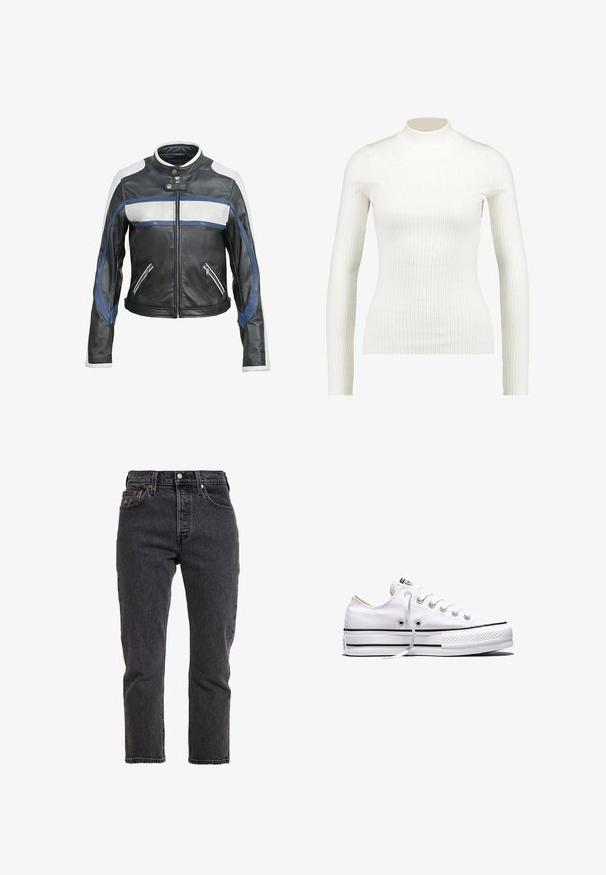 Zwarte leren motorjack met witte en blauwe accenten, heeft een hoge kraag, een ritssluiting aan de voorkant en twee ritszakken.; Geribbelde witte lange mouw turtleneck top met een fitted ontwerp en gladde textuur, voorzien van een hoge halslijn en slanke silhouet.; Zwarte denimjeans met een rechte pijp, hoge taille, vijf zakken en metalen knoopsluiting. Subtiele textuur en stikseldetails.; Witte lage canvas sneaker met witte veters, zwarte strepen op de zool en een rubberen, getextureerde neuskap, zijaanzicht op een witte achtergrond.
