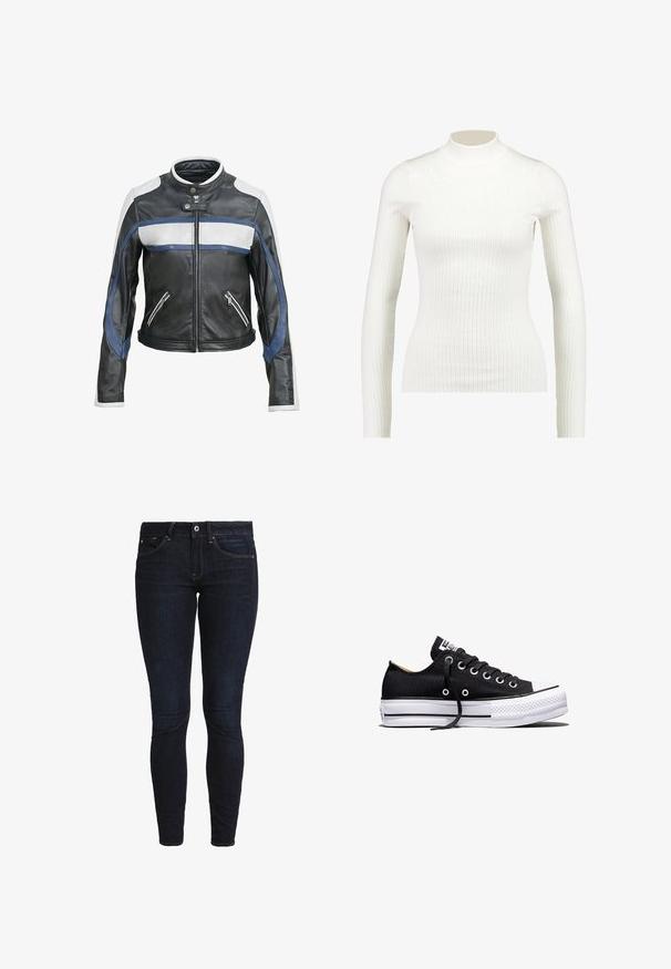 Zwarte leren motorjack met witte en blauwe accenten, heeft een hoge kraag, een ritssluiting aan de voorkant en twee ritszakken.; Geribbelde witte lange mouw turtleneck top met een fitted ontwerp en gladde textuur, voorzien van een hoge halslijn en slanke silhouet.; Skinny jeans in donkerblauw denim, met een klassiek vijf-pocket ontwerp, riemlussen en een knoopsluiting. Glad oppervlak, zonder zichtbare patronen.; Zwarte lage canvas sneaker met witte rubberen plateauzool, zwarte veters en metalen oogjes op een witte achtergrond.