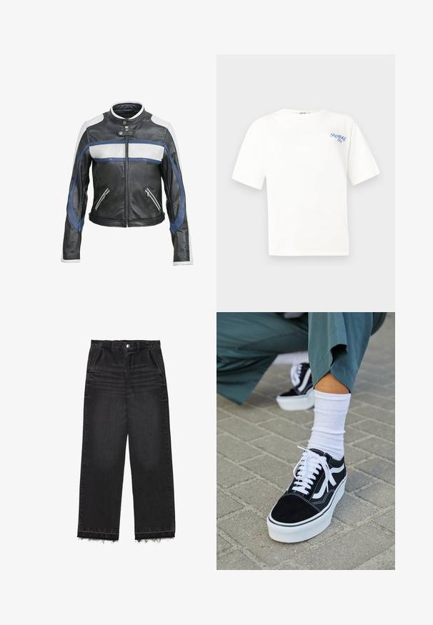 Veste de moto en cuir noir avec des accents blancs et bleus, dotée d'un col montant, d'une fermeture éclair à l'avant et de deux poches zippées.; T-shirt en coton blanc à manches courtes, col rond, avec logo "Replay" bleu sur la poitrine à gauche. Texture lisse, coupe standard.; Pantalon en denim noir à coupe droite. Doté d'une taille haute, d'un ourlet effiloché et d'une texture légère délavée sur l'ensemble. Poches avant incluses.; Baskets en suède noir avec des accents et des lacets blancs, présentant une épaisse semelle blanche et des coutures contrastantes, associées à une chaussette blanche.