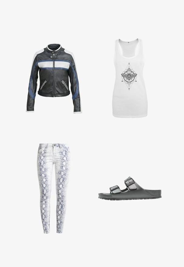 Zwarte leren motorjack met witte en blauwe accenten, heeft een hoge kraag, een ritssluiting aan de voorkant en twee ritszakken.; Witte tanktop met een zwart grafisch ontwerp van een mot binnen geometrische vormen en hemelse elementen, waaronder driehoeken en cirkels.; Witte denim skinny jeans met een blauw slangenprintpatroon, vijf-pocketdesign en standaard knoop- en ritssluiting. Getextureerd oppervlak.; Grijze sandaal met twee verstelbare banden, textuurafwerking, brede voetbed en een gevormde zool voor comfort. Lichtgewicht en flexibele constructie.