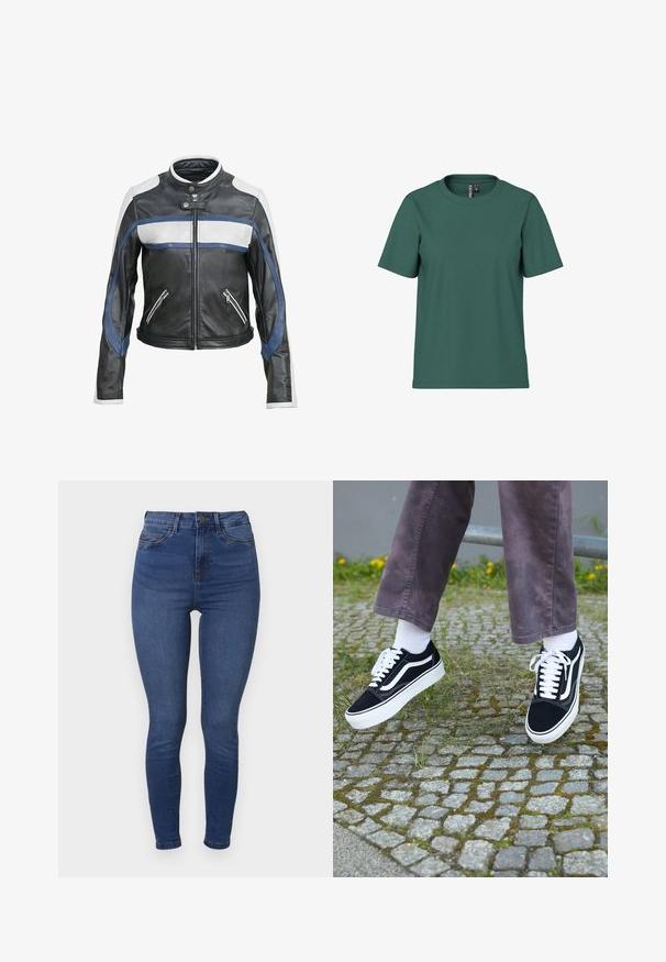Zwarte leren motorjack met witte en blauwe accenten, heeft een hoge kraag, een ritssluiting aan de voorkant en twee ritszakken.; Korte mouwen t-shirt in donkergroene katoen met een ronde hals. Eenvoudig, onopvallend ontwerp en een ontspannen pasvorm. Zachte textuur, geen patronen.; Skinny jeans in mediumblauwe denim met een klassiek ontwerp met vijf zakken, subtiele wassing en een ritssluiting. Soepele textuur en pasvorm.; Zwarte suède sneakers met witte accenten, met een ronde neus, dikke witte zool en klassieke vetersluiting, gedragen met witte sokken en paarse broek.