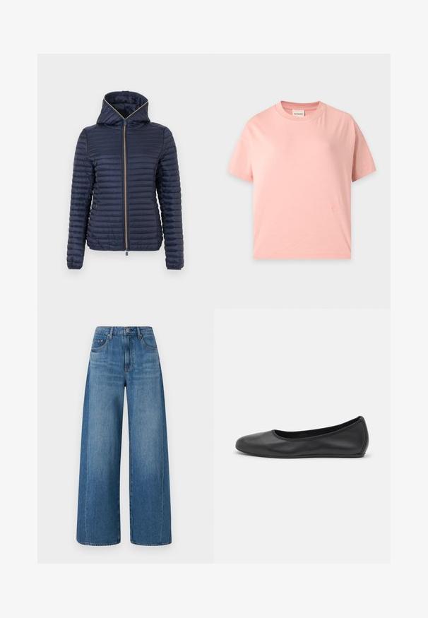 Veste matelassée bleu marine avec capuche, fermeture éclair complète à l'avant et manches longues, présentée sur un fond blanc.; T-shirt à manches courtes rose clair avec un col rond, une coupe droite et un petit logo brodé ton sur ton près de l’ourlet inférieur.; Jean bleu large avec un lavage moyen, présentant une taille haute, cinq poches et un léger délavage. Fabriqué en denim avec une texture lisse.; Ballerines en cuir noir avec un bout rond, texture lisse, détails de couture minimalistes et design de semelle flexible.