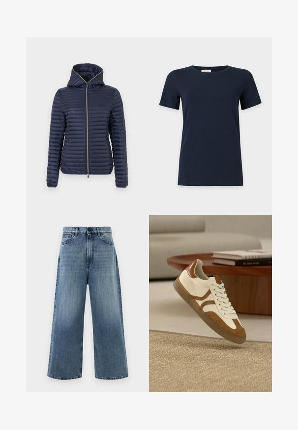Veste matelassée bleu marine avec capuche, fermeture éclair complète à l'avant et manches longues, présentée sur un fond blanc.; T-shirt bleu marine uni à manches courtes avec un col rond sur fond gris clair.; Jean large bleu clair en denim, avec une taille haute, des poches avant et des coutures classiques. Pas d'ornements visibles.; Baskets blanches et beige en cuir et daim, avec un bout rond, un système de laçage et une semelle extérieure en gomme texturée avec des bandes décoratives sur les côtés.