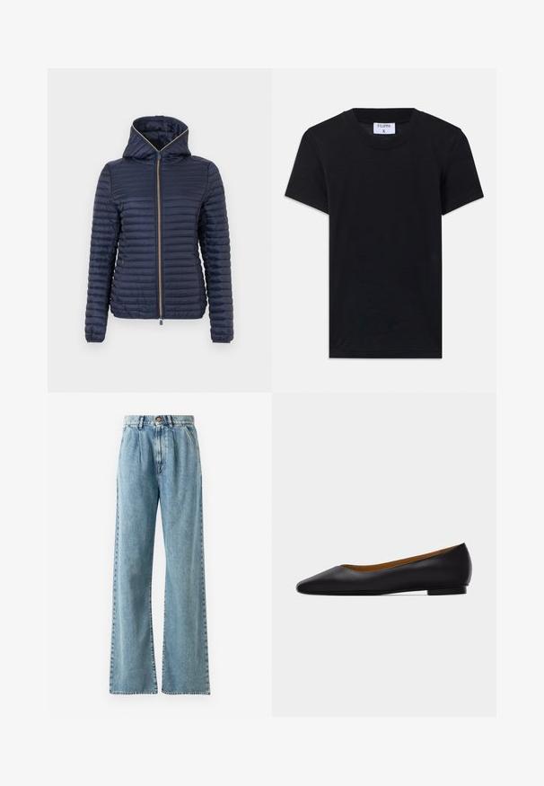 Veste matelassée bleu marine avec capuche, fermeture éclair complète à l'avant et manches longues, présentée sur un fond blanc.; T-shirt en coton noir avec un col rond, des manches courtes et une coupe décontractée. L'étiquette indique "FILIPPA K" au niveau du col.; Jean large taille haute bleu clair en denim, avec fermeture à bouton, plis marquants et poches cousues.; Chaussure plate en cuir noir à bout pointu avec talon bas et finition lisse, vue de côté sur un fond gris clair.