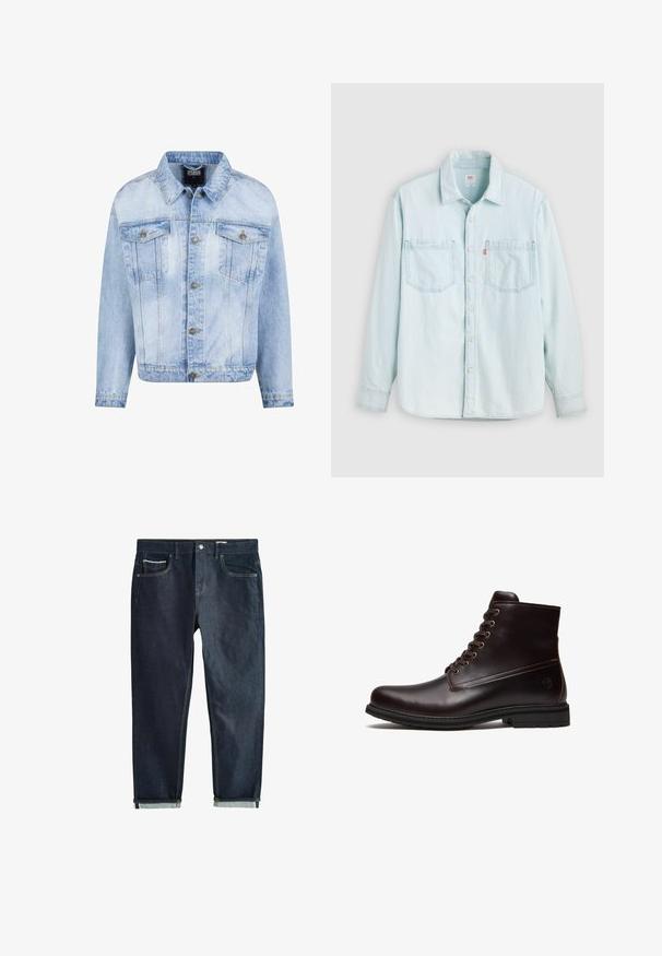 Hellblaues Jeansjacke mit durchgehender Knopfleiste, zwei Brusttaschen und langen Ärmeln. Verfügt über einen verblassten Textur und goldfarbene Metallakzente.; Hellblaues Denim-Langarmhemd mit Knopfleiste vorne, zwei Brusttaschen und Kragen, vor einem einfarbigen hellen Hintergrund gezeigt.; Dunkle Denim-Jeans mit geradem Bein, ausgestattet mit Knopfverschluss, zwei Vorderentaschen und aufgerollten Bündchen. Glatte Textur, minimalistische Nähte.; Dunkelbrauner Leder-Schnürstiefel mit Gummisohle und dezentem geprägtem Logo nahe der Ferse, von der Außenseite gezeigt.