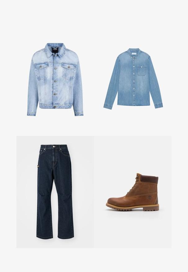 Lyseblå denimjakke med knaplukning foran, to brystlommer og lange ærmer. Har en falmet tekstur og guldfarvede metal detaljer.; Lys blå denim skjorte med knapper, lange ærmer, spids krave, en enkelt brystlomme og subtil falmning på stoffet.; Mørkeblå denim jeans med lige ben, frontlommer og en sidelomme. Har stiklinger i kontrastfarve og en knap i taljen.; Brun læder vandrestøvle med en glat finish, polstret ankel, metalliske snørehuller og en gummisål med et robust dækmønster.