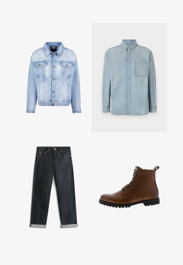 Hellblaues Jeansjacke mit durchgehender Knopfleiste, zwei Brusttaschen und langen Ärmeln. Verfügt über einen verblassten Textur und goldfarbene Metallakzente.; Hellblaue Denim-Hemd mit langen Ärmeln, Knopfleiste und einer einzelnen Brusttasche. Verfügt über einen klassischen Kragen und Standardmanschetten.; Dunkelblaue Denim-Jeans mit umgeschlagenen Bündchen, fünf Taschen und kontrastierender Naht, flach auf weißem Hintergrund liegend.; Braune Lederstiefeletten mit strukturiertem Finish, metallischen Ösen und schwarzer Gummisohle. Mit Zuglasche hinten für einfaches An- und Ausziehen.