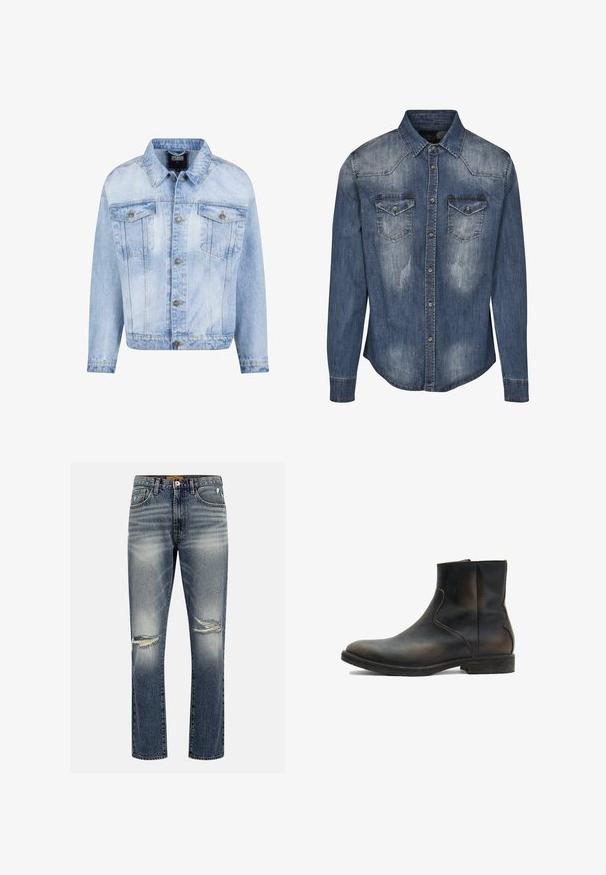 Lyseblå denimjakke med knaplukning foran, to brystlommer og lange ærmer. Har en falmet tekstur og guldfarvede metal detaljer.; Mørkeblå denimskjorte med klassisk krave, lange ærmer, to brystlommer, slidt tekstur og knaplukning foran.; Blå denim jeans med et slidt design, der har falmede områder og knærevner, standard fem-lomme stil og en almindelig pasform.; AllSaints LANG - Støvletter - brown