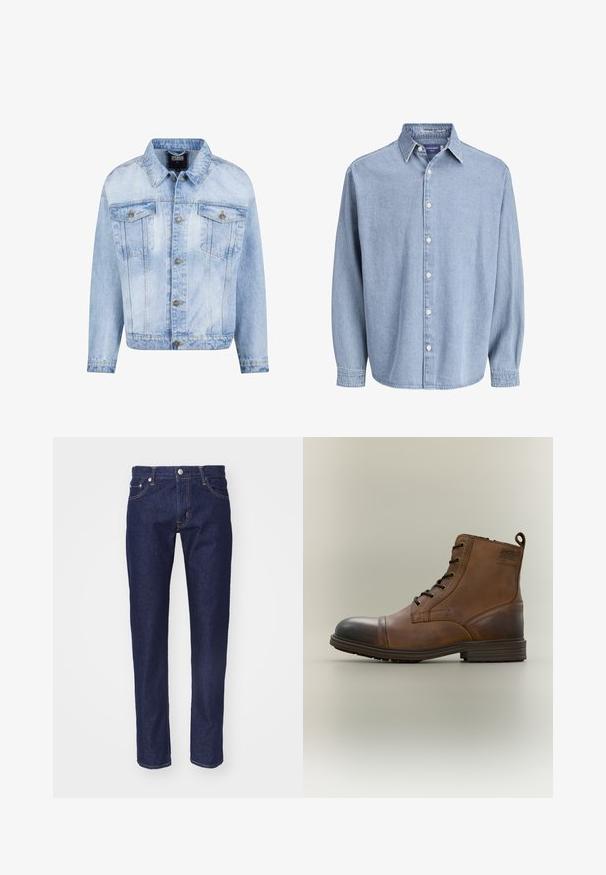 Lyseblå denimjakke med knaplukning foran, to brystlommer og lange ærmer. Har en falmet tekstur og guldfarvede metal detaljer.; Lysblå denim skjorte med lange ærmer og knapper, med krave og hvide knapper, præsenteret mod en helt hvid baggrund.; Mørkeblå denim jeans med lige pasform, fem-lomme design, kontrasterende orange syninger og en sølvknaplukning i taljen.; Brun læderstøvle med snørebånd, sort tåhætte, rund sål og mærket detalje på siden mod ensfarvet baggrund.