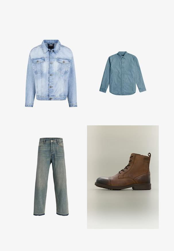 Hellblaues Jeansjacke mit durchgehender Knopfleiste, zwei Brusttaschen und langen Ärmeln. Verfügt über einen verblassten Textur und goldfarbene Metallakzente.; Hellblaues Denimhemd mit Button-Down-Kragen, langen Ärmeln und abgerundetem Saum. Verfügt über eine subtile Textur und eine standardmäßige Knopfblende.; Hellblaue Jeans mit geradem Bein und hoher Taille, Fünf-Taschen-Design, Knopf- und Reißverschluss sowie ausgefranste Säume mit dunkler Naht.; Brauner Leder-Schnürstiefel bis zum Knöchel mit schwarzer Zehenkappe, runder Sohle und Markenlabel an der Seite vor schlichtem Hintergrund.