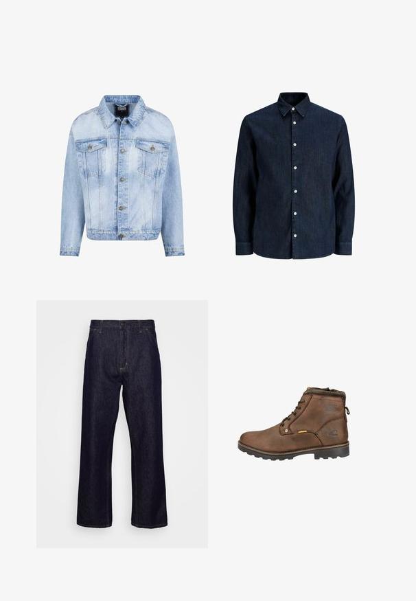 Lyseblå denimjakke med knaplukning foran, to brystlommer og lange ærmer. Har en falmet tekstur og guldfarvede metal detaljer.; Mørkeblå denimskjorte med lange ærmer, hvide knapper og spids krave, vist på hvid baggrund.; Mørkeblå lige ben denim jeans med forlommer, bæltestropper, lynlås og knaplukning, præsenteret foran en simpel hvid baggrund.; Brune læder ankelstøvle med afrundet tå, snørebåndsdesign, polstret krave og tekstureret gummisål. Har logo og metal-accenter.