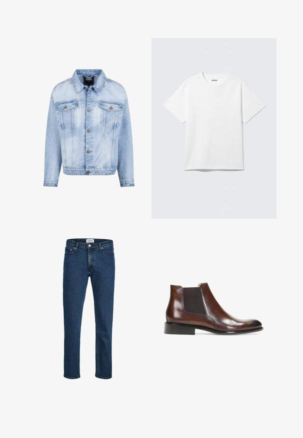 Hellblaues Jeansjacke mit durchgehender Knopfleiste, zwei Brusttaschen und langen Ärmeln. Verfügt über einen verblassten Textur und goldfarbene Metallakzente.; Weißes T-Shirt mit kurzen Ärmeln und Rundhalsausschnitt, flach liegend, schlichtes Design, mit „WEEKDAY“-Etikett innen im Kragen auf hellem Hintergrund.; Dunkelblaue Denim-Jeans mit geradem Bein, fünf Taschen, einem Knopfverschluss und einer dezenten strukturierten Oberfläche.; Braune Leder-Stiefelette mit elastischen Seiteneinsätzen, glatter Oberfläche, genähten Details und einem niedrigen rechteckigen Absatz.