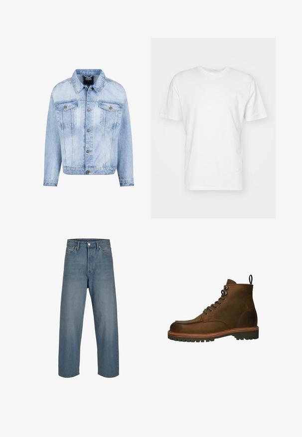 Hellblaues Jeansjacke mit durchgehender Knopfleiste, zwei Brusttaschen und langen Ärmeln. Verfügt über einen verblassten Textur und goldfarbene Metallakzente.; Weißes Baumwoll-T-Shirt mit kurzen Ärmeln, Rundhalsausschnitt und glatter Textur. Einfaches Design ohne Muster oder Grafiken.; Hellblaue Denim-Jeans mit entspannter Passform, hoher Taille und geraden Beinen. Mit Fronttaschen und Knopfverschluss.; Braune Leder-Stiefeletten mit runder Zehenform, metallenen Ösen und einer robusten Gummisohle. Enthält eine Zuglasche für ein einfaches An- und Ausziehen.