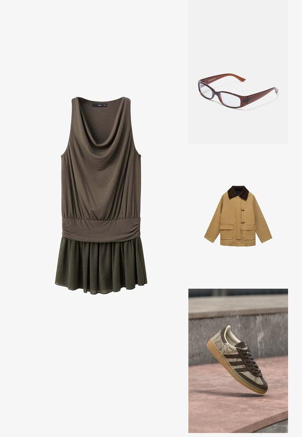 Chaqueta de algodón color beige con un cuello de pana marrón, dos bolsillos frontales y cierres de toggles. El diseño es holgado y ligeramente corto.; Vestido sin mangas de color verde oliva con escote drapeado, cintura ceñida y dobladillo de falda plisado, presentado sobre un fondo blanco liso.; Zapatilla Adidas marrón y beige con patrón de serpiente, suela de goma y texto "SPEZIAL" flotando sobre una superficie de piedra al aire libre.; Gafas rectangulares con tintado marrón y acabado brillante, con varillas delgadas y lentes transparentes. Logo visible en la patilla izquierda.