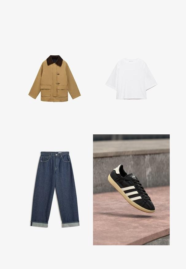 Veste en coton beige avec un col en velours côtelé marron, deux poches avant et des fermetures à cordon. Le design est ample et légèrement cropped.; T-shirt blanc à manches courtes, coupe carrée, en coton doux. Présente un col rond et des manches larges, avec un design épuré et simple.; Jean en denim bleu foncé à jambes larges avec des ourlets repliés, bouton et fermeture éclair à l'avant, passants de ceinture et cinq poches.; Baskets Adidas noires avec des bandes blanches et une semelle beige, capturées en plein air au-dessus d'une surface en pierre et d'un mur en pierre en arrière-plan.