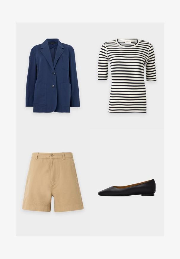 Blazer navy en tissu léger, avec un col cranté, deux grandes poches avant et une fermeture à deux boutons. Texture lisse avec un subtil éclat.; Chemise ajustée à rayures horizontales noires et blanches avec manches jusqu'au coude et col rond.; Shorts beige en coton, avec un design classique, fermeture à bouton à l'avant et passants de ceinture. Texture lisse avec poches latérales.; Chaussure plate en cuir noir à bout pointu avec talon bas et finition lisse, vue de côté sur un fond gris clair.