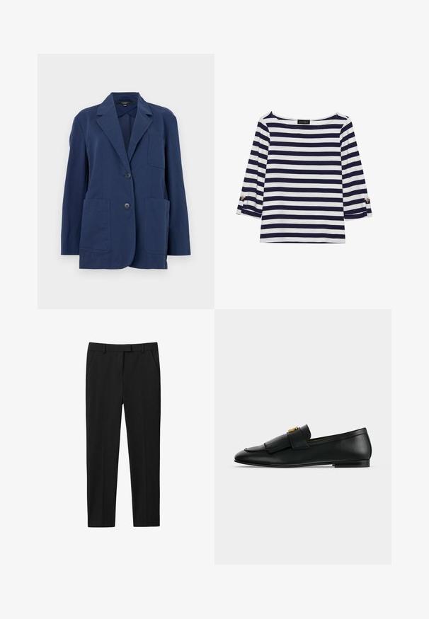 Blazer navy en tissu léger, avec un col cranté, deux grandes poches avant et une fermeture à deux boutons. Texture lisse avec un subtil éclat.; Haut rayé bleu marine et blanc à manches longues avec un col bateau et des accents de boutons dorés sur les manches retroussées. Tissu doux, coupe décontractée.; Pantalon noir au design ajusté, à plat devant, avec deux poches latérales et une coupe droite. Fabriqué dans un tissu lisse avec un subtil lustre.; Mocassin en cuir noir avec un rabat avant à franges et une petite boucle dorée sur un fond gris clair uni.